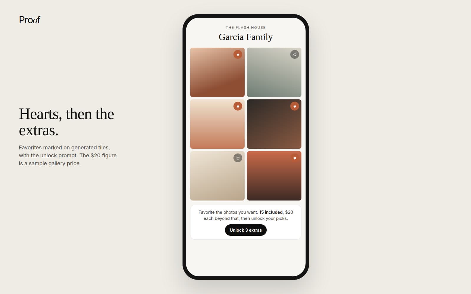 Proof client gallery with favorites marked and extra photos ready to unlock