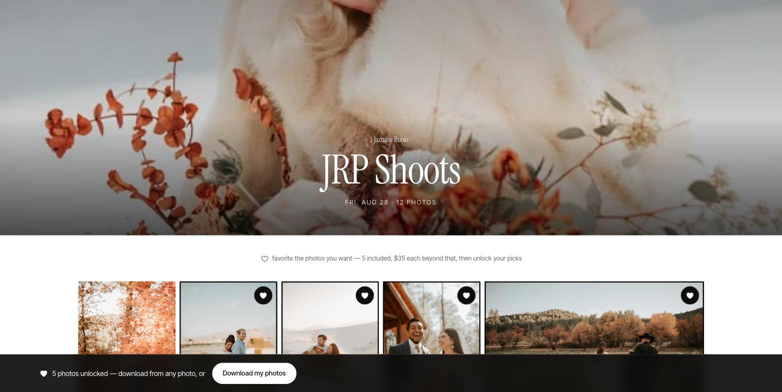 A live client gallery on Proof — a full-width cover-photo banner over a wedding shoot, with the proofing note: 5 photos included, $35 each beyond that