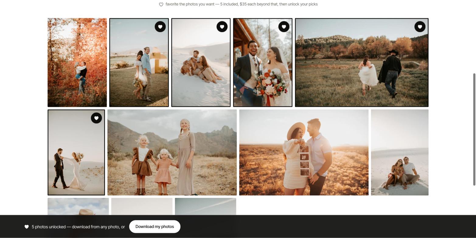A proofing gallery from the client's side — a photo grid of a wedding shoot with hearts marking the client's picks, and the unlocked bar: 5 photos unlocked, download from any photo