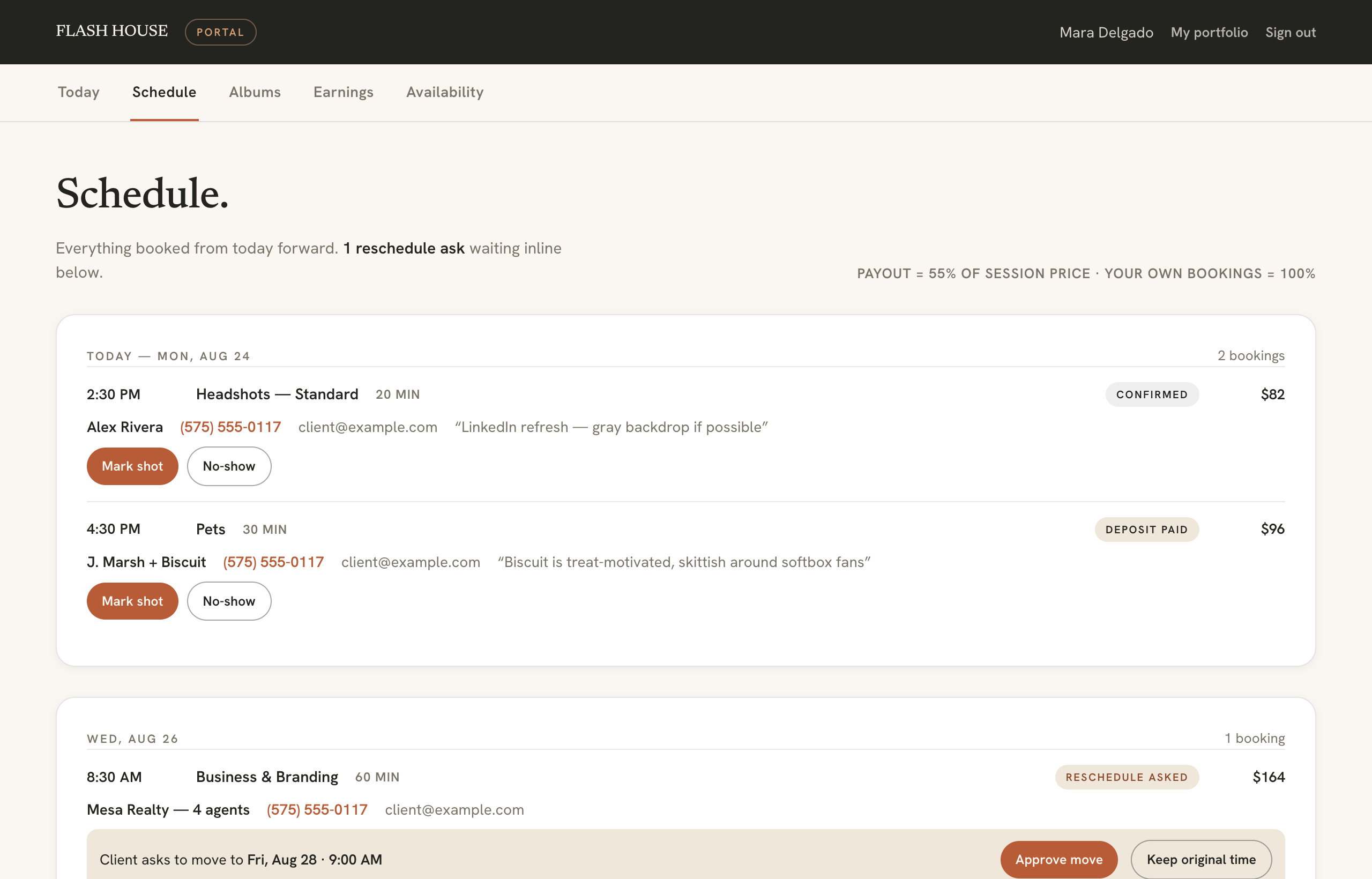 The schedule view — studio and on-location bookings grouped by day